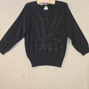 Keneth Too! Vintage Sweater Large Women Black Beaded Keyhole Back Made in USA
